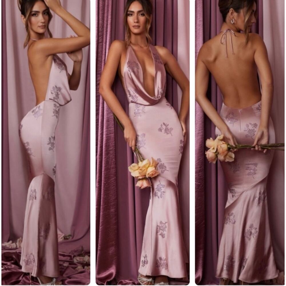 Oh Polly Gisele Deep Cowl Fishtail Maxi Dress Mauve Size 6 Satin Elegant Sexy